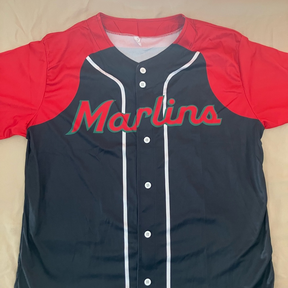 Mens Red and Black Marlins Baseball Shirt